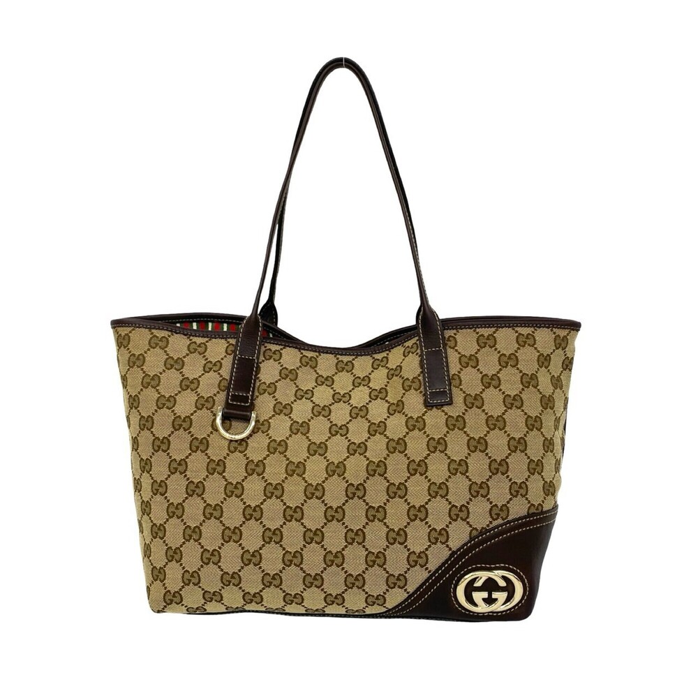 GUCCI New Brit GG Logo Patterned Canvas Leather Tote Bag/Semi-Shoulder Bag, B...